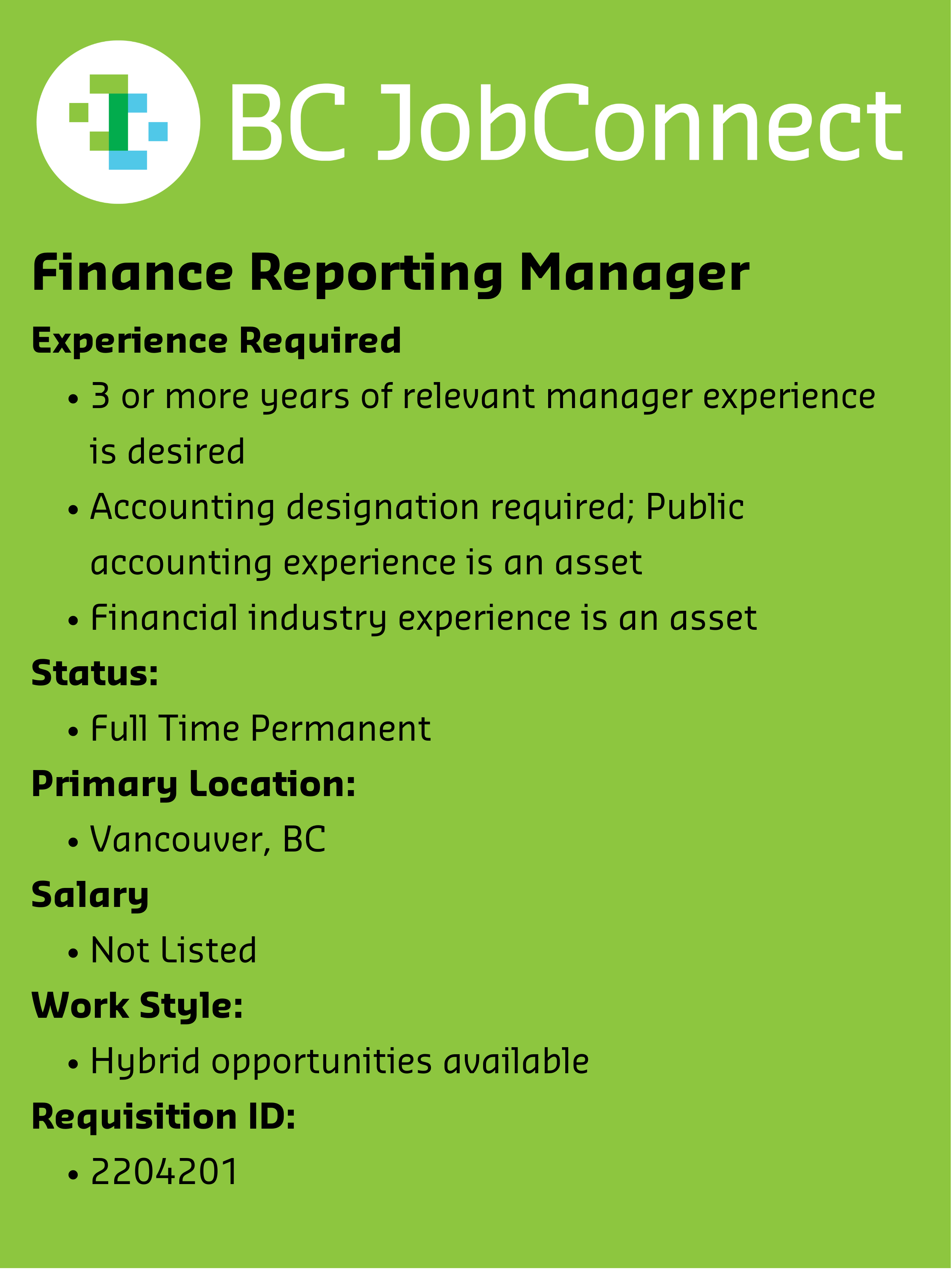 Job Posting Finance Reporting Manager Raymond James IEC BC BC Job